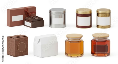 Collection of various food packaging mockups isolated on white background