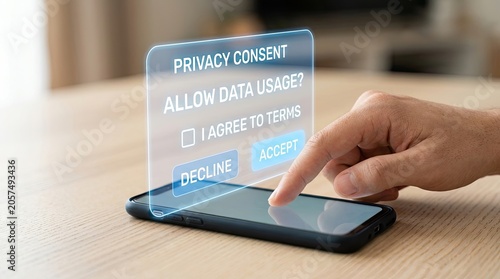 User Accepts Privacy Consent on Futuristic Holographic Interface.