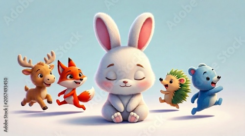 Cute 3D woodland animals with peaceful white bunny meditating surrounded by deer fox hedgehog and bear in pastel colors representing friendship and harmony in children's animation style