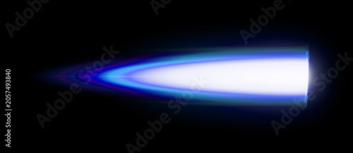 Sci-fi spaceship white rocket thruster flame design on black background. Realistic burning plasma inferno, fighter jet exhaust blast illustration, and horizontal blue energy.