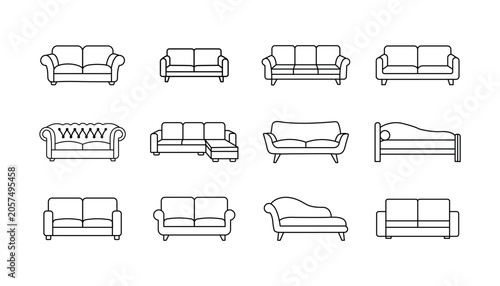 Sofa icon set collection, modern couch furniture outline vector icons