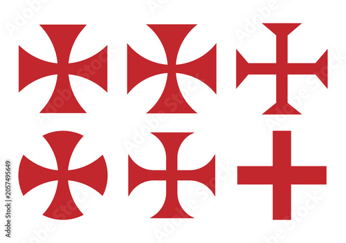 Templar cross vector symbol collection. Christianity red maltese cross sign set. Christian religion icon. Catholic and protestant faith logo image. Teutonic crusader label. Crusade sign.