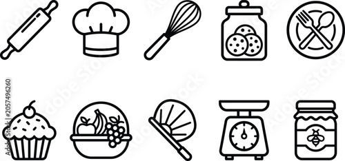 Flat line icons set of baking and kitchen tools