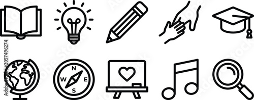 Set of flat icons representing education and creativity