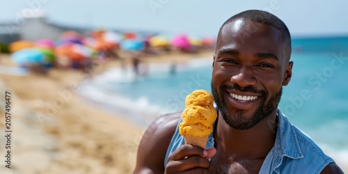 Smiling African American man holding ice cream on a sunny beach, capturing summer lifestyle, travel, leisure, happiness, relaxation, and vacation enjoyment.