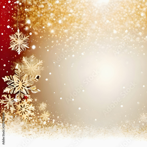 Golden and silver snowflakes with glowing light on red background for festive decoration.
