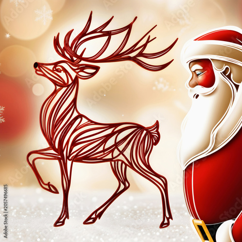 Two Santa Claus with a reindeer illustration on a festive snowy background with snowflakes