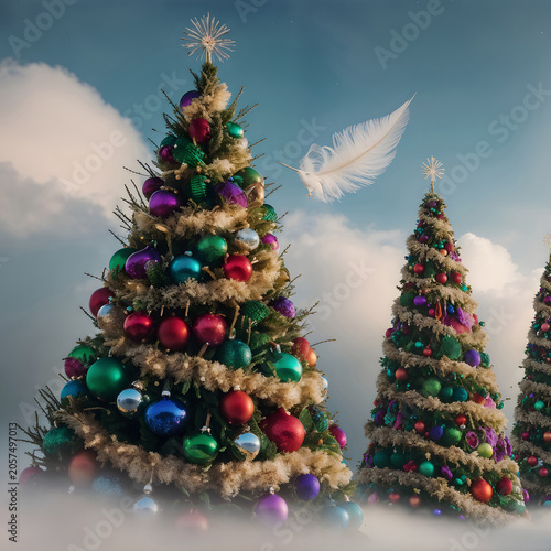 Decorated Christmas trees with feathers in a dreamy sky.