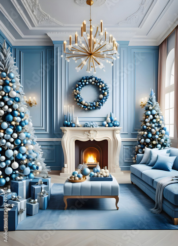 Elegant blue-silvery Christmas interior with tree, fireplace, and luxurious furniture