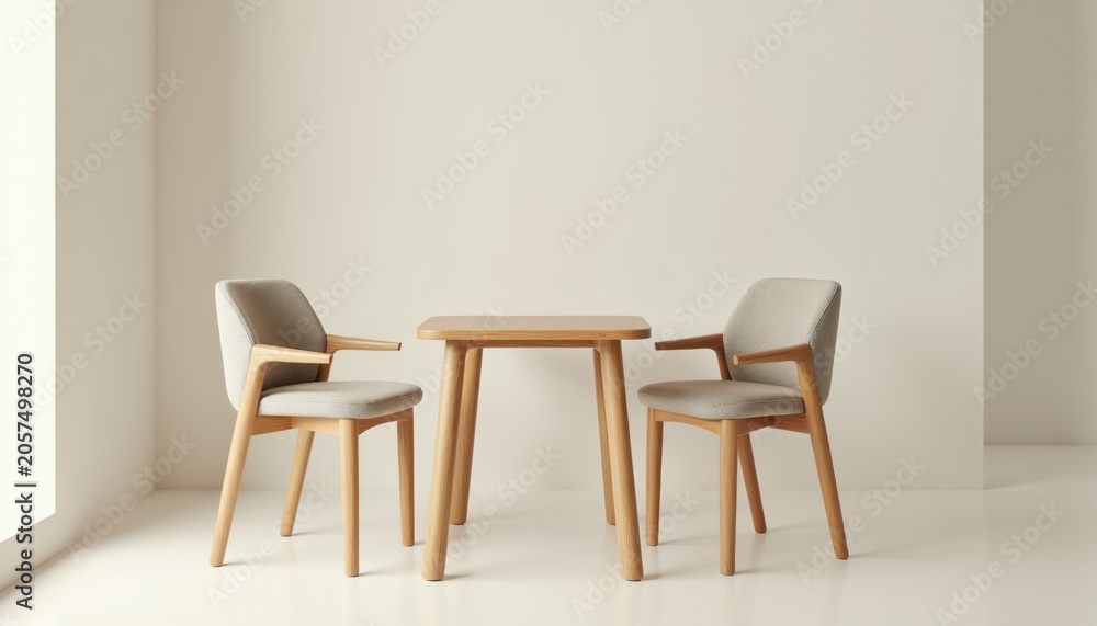 Fototapeta premium Modern wooden table and chairs set in light neutral tones. Minimalist dining furniture with upholstered seats. Clean contemporary interior space.