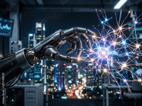 Advanced robotic manipulator interacting with a luminous digital neural network system, signifying artificial intelligence and futuristic cybernetic innovation in a sprawling urban cityscape