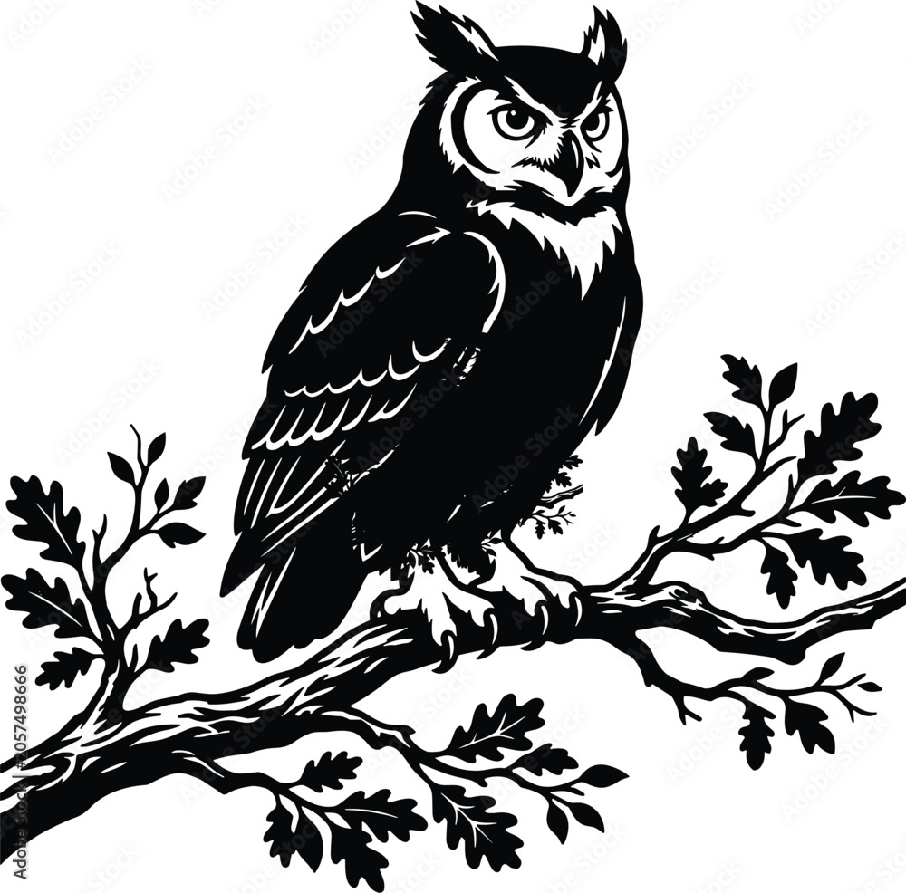 Fototapeta premium Great Horned Owl Perched on Oak Tree Branch Black and White Vector Illustration