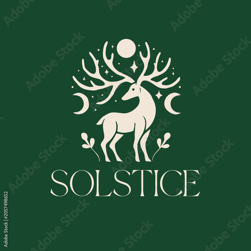 Stylized Stag Emblem With Crescent Moons And Celestial Elements