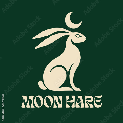 Hare And Crescent Moon Logo Beige Silhouette On Dark Green Background