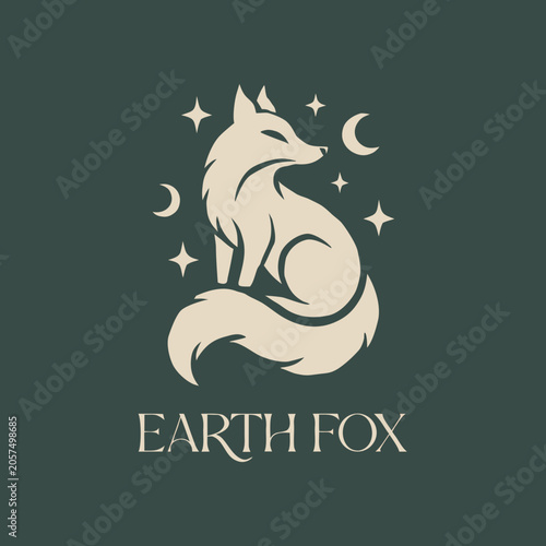 Stylized Desert Fox Logo With Crescent Moons And Stars Beige Silhouette
