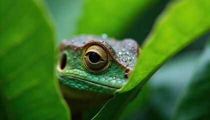 Green lizard peeks from wet leaves. Small reptile with golden eye hides on forest floor. Wild animal stays camouflaged in jungle foliage after rain.