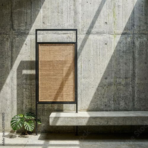 Minimalist Brutalist Interior with Woven Rattan Partition and Negative Space