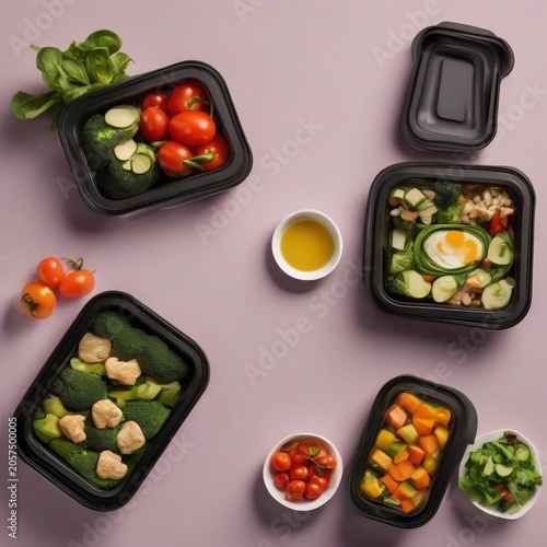 Healthy meal prep containers with fresh veggies on minimalist kitchen island background template with copy space