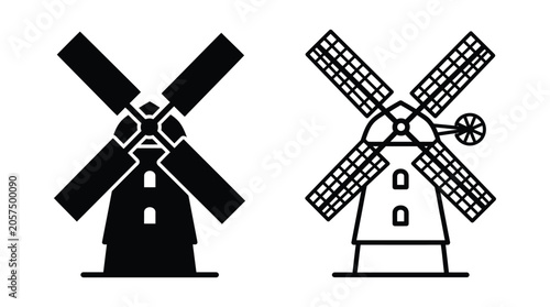 Tableau sur toile Windmill Silhouette On White Background Two Variations Of The Design
