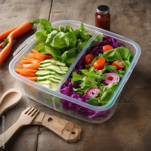 Modern Meal Prep Container on Wooden Table with Copy Space