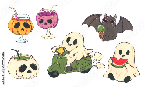 Summerween illustration collection, cute beach Halloween characters, groovy spooky vacation vibes, festive party decor, invitation card graphic set.