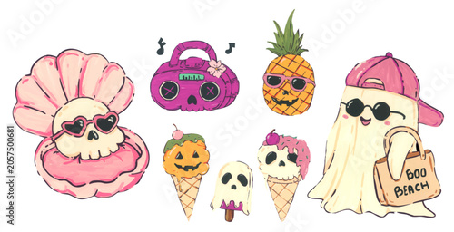 Summerween illustration collection, cute beach Halloween characters, groovy spooky vacation vibes, festive party decor, invitation card graphic set.