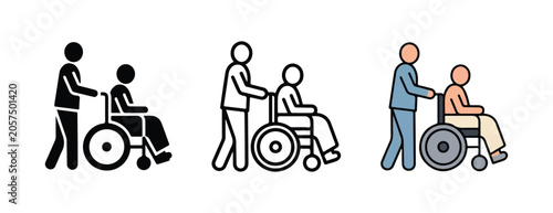 People helping people in wheelchairs icons set  accessibility and support for disabled persons