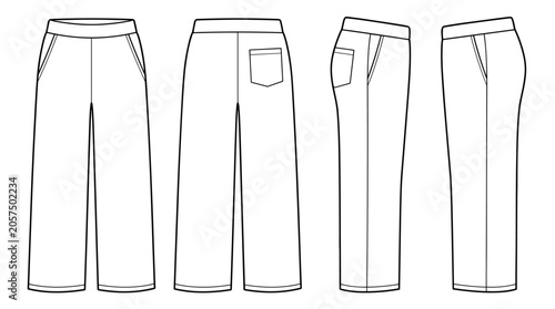 Relaxed Straight Sweatpants Template on Transparent Background. Front, Back, and Side Views, Vector EPS