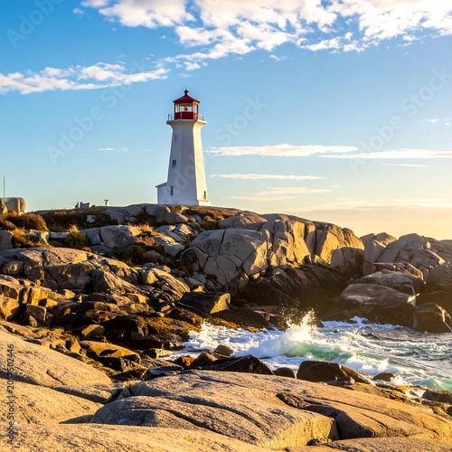 Historic stone lighthouse on rugged coastal cliffs at sunset.