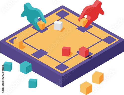 Isometric Board Game Illustration - Strategy, Competition, and Colorful Blocks.