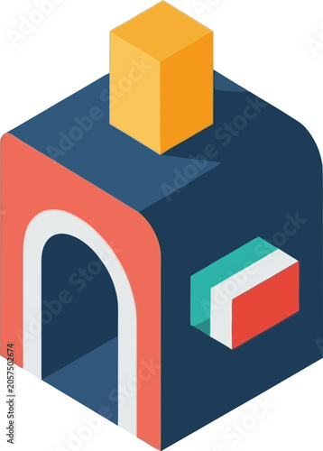 Isometric Building Illustration with Archway, Cube, and Rectangular Element.