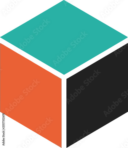 Isometric Cube Design with Teal, Orange, and Black Facets.