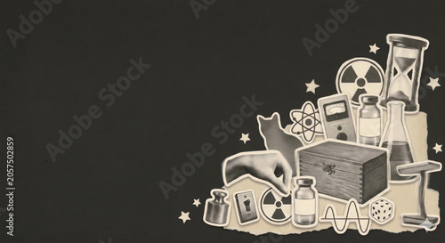 Vintage Editorial Collage of Schrodinger Cat Thought Experiment with Quantum Physics Symbols, Paradox and Scientific Discovery Concept for Banner and Educational Design with Copy Space