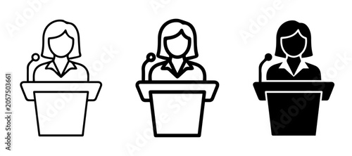 Konstfotografi Speaker Podium Icons, Public Speaking Vector Graphics, Presentation Female Icons