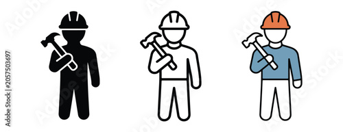 Foto Three construction workers with hammers icons in different styles and colors for