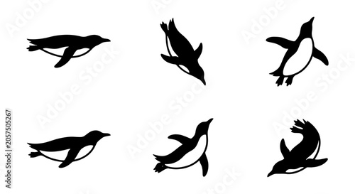 Penguin Silhouette Set: Aquatic Birds in Motion, Vector Graphics for Wildlife and Nature Designs