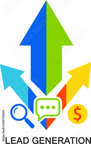 Lead Generation Strategy - Arrows, Magnifying Glass, Speech Bubble, and Dollar Sign.