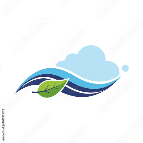Leaf on wavy blue lines under cloud.