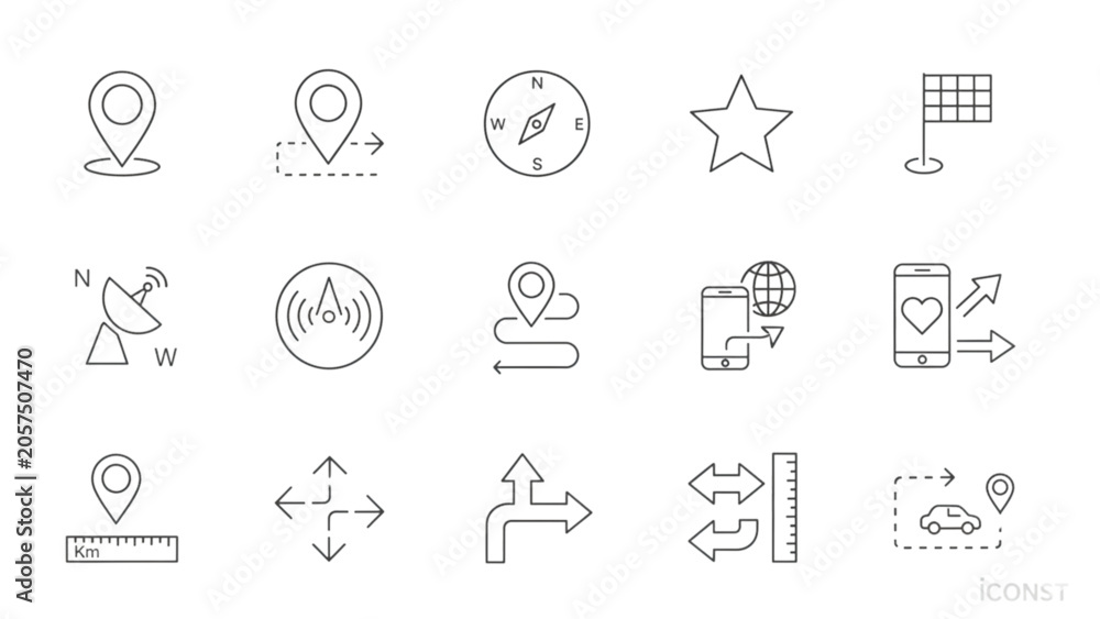 Fototapeta premium Map navigation and GPS location line icon set vector outline collection with compass route pointer steering wheel and dashboard tracking symbols