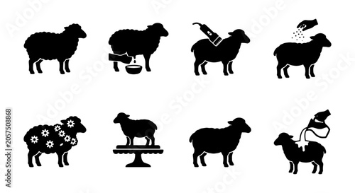 Fotografie Sheep Icons Set, Farm Animal Silhouettes Illustrating Wool Production, Shearing,