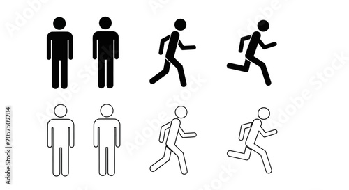 Stick figures of people running together.
