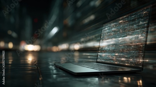 Laptop glows with digital cityscape