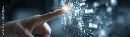 Finger taps glowing digital network with bright connection point