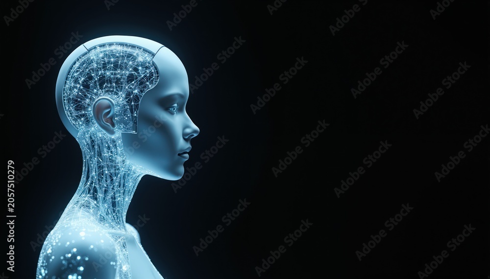 Obraz premium Profile of artificial woman head showing internal luminous circuits. Digital AI brain, robotic consciousness, future tech. Futuristic humanoids, science fiction.