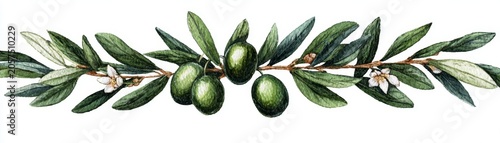 Olive branch with green fruits and delicate white blossoms