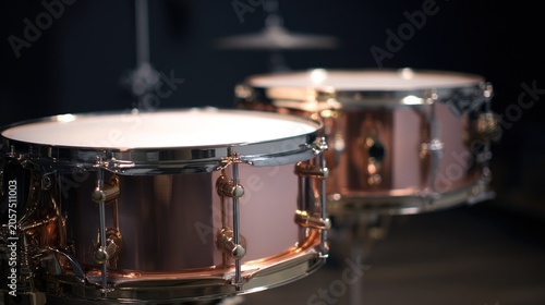 kettledrums. A pair of polished copper kettledrums with taut drumheads gleaming under focused stage lighting. product launch decks.