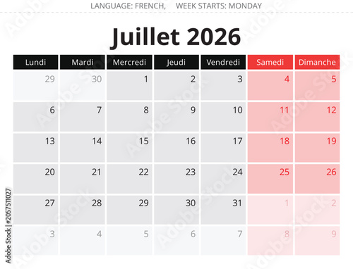 2026 French July monthly calendar page – Juillet. Vector illustration France