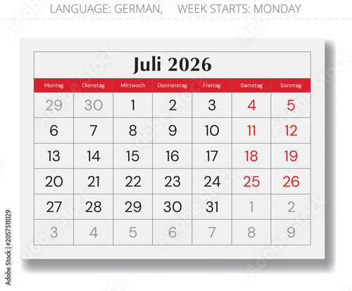 2026 German July calendar layout – Kalender Juli. Vector monthly paper page Germany