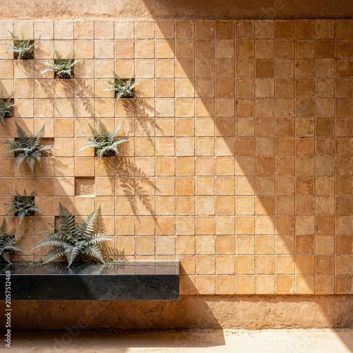Minimalist Zellige Tile Interior with Volcanic Glass Bench and Negative Space