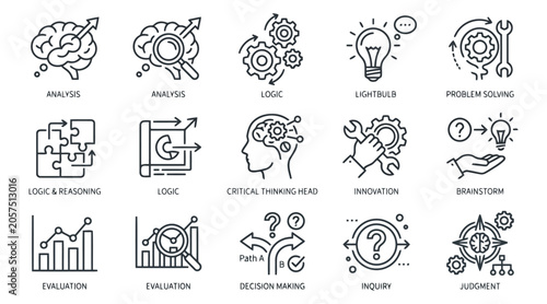 Foto A modern critical thinking icon set featuring clean, editable line icons
